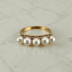 Classic Vintage 14K Yellow Gold Five Stone Pearl Ring 4.4mm Size 6.25