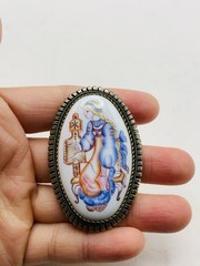 Vintage Silver Tone Russian Finift Hand Painted Porcelain The Snow Maiden Brooch