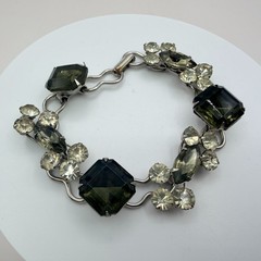 Vintage Silver Tone Chunky Rhinestone Bracelet Gray Emerald Cut Geometric Retro