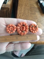 Antique Red / Orange Coral Color Czech Glass Pin / brooch carved chrysanthemum