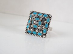 Vintage Taxco Mexico Turquoise Cannetille Sterling Silver Pyramid Ring 8