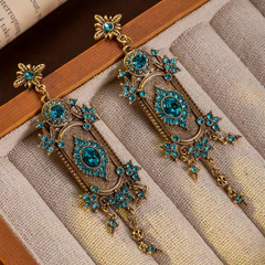 Vintage Victorian Style Teal Crystal Dangle Earrings Gold Tone Ornate Statement