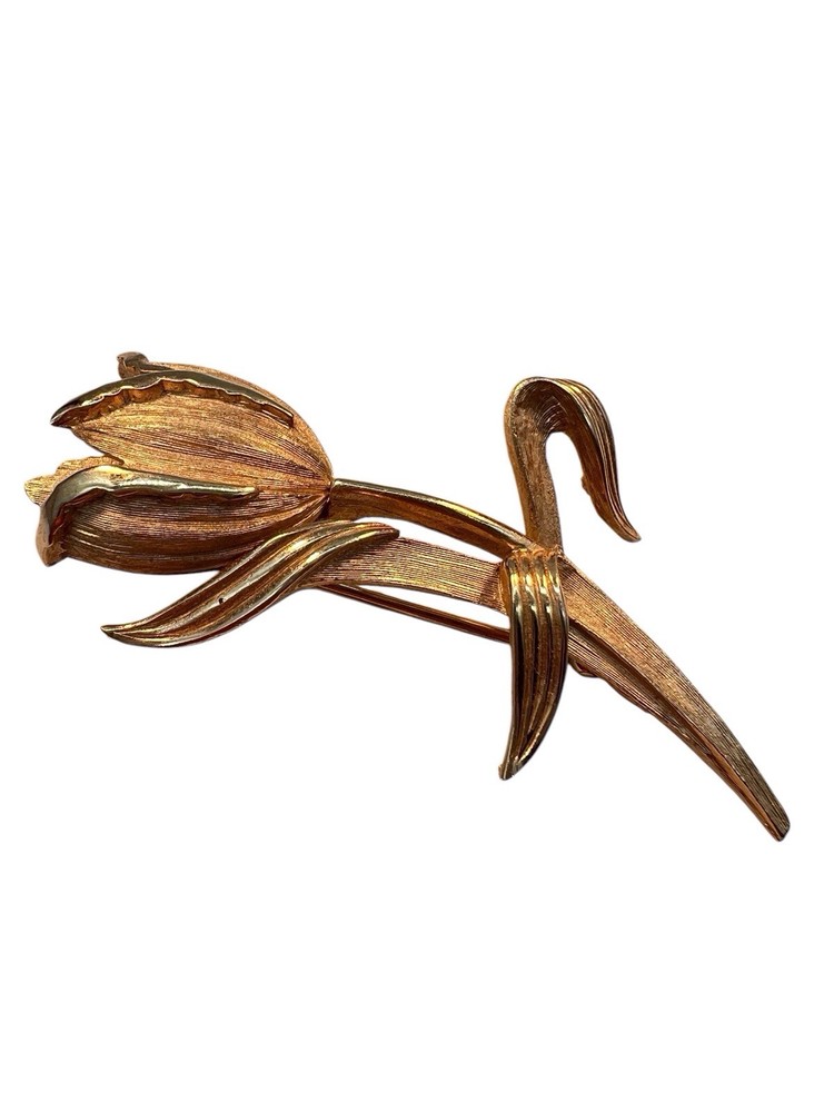 Vintage Crown Trifari Tulip Brooch Pin Brushed Gold Trifarium 50s 60s Figural A4