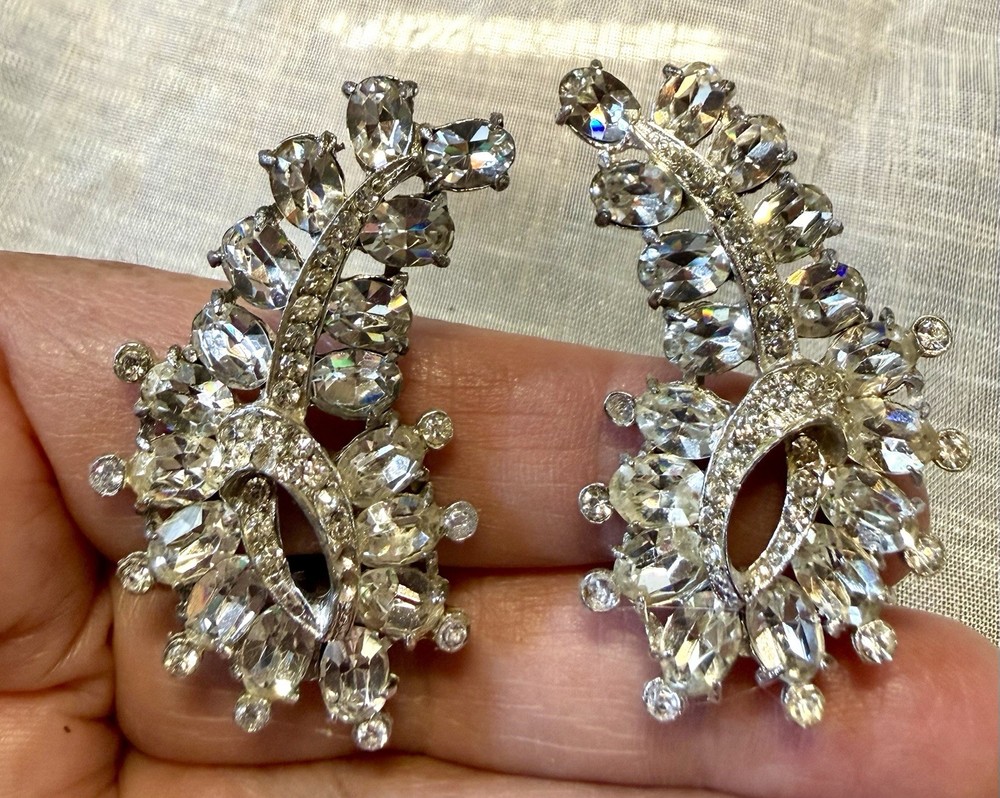 Vintage Clear Rhinestone Swirl Clip-On Earrings Mid Century Bridal Sparkle