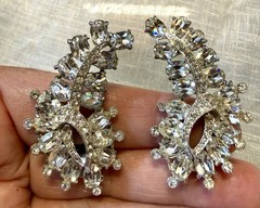Vintage Clear Rhinestone Swirl Clip-On Earrings Mid Century Bridal Sparkle