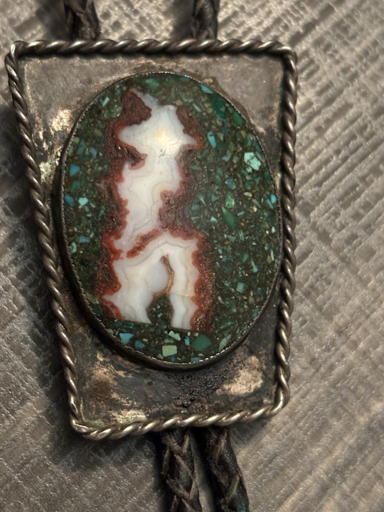 Navajo Sterling Silver Turquoise, Composite Agate, Bolo Tie Old Pawn