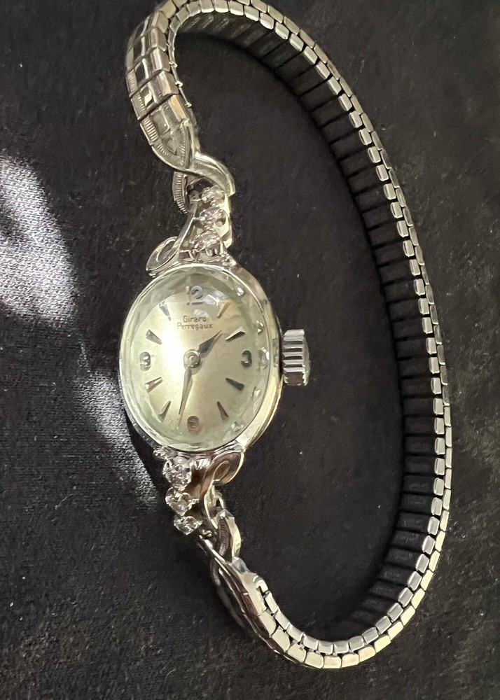 Girard Perregaux Vintage 14k Solid White Gold & 6 Diamonds Ladies Cocktail Watch