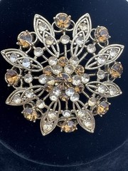 Vintage Liz Claiborne Brooch Pin Brown Rhinestone Gold Tone Bling 2.25″