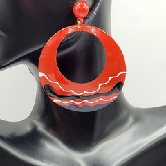 Large Metal Hoop Red Black White Enamel Hand Painted Pierced Vintage Earrings
