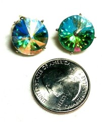 Vintage Stunning Iridescent Peacock Blue Large Rivoli Earrings