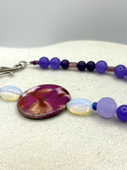 Purple Glass And Silver Metal Charms Art Deco Beaded Necklace 24 Inch