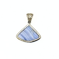 Vintage Blue Lace Agate Nickel Silver Triangular Fan Filigree Accent Pendant
