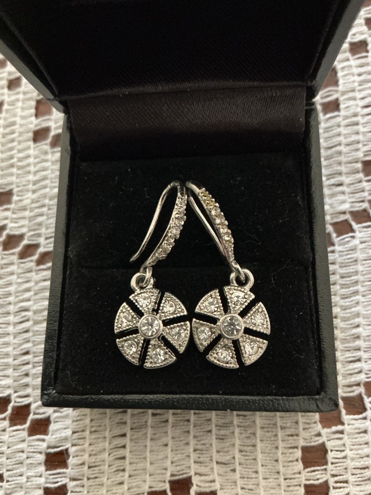 Art Deco Style Pave Rhinestone Silver Tone Pierced Wire Dangle Earrings 1.5”