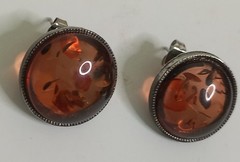Vintage Baltic Amber Stud Earrings Cognac Sun Spangles Open Back Silver Tone