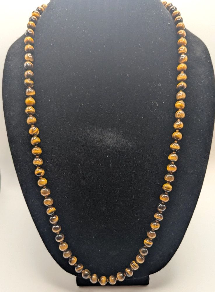 Tiger Eye Gemstone Necklace Knotted Beads Brown Gold Natural Stone Strand 32in