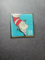 USPS Commorative Dr. Suess The Cat In The Hat 33 Cent Stamp Brooch In Gold Tone