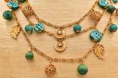 Vintage Beaded Multi-Strand Leaf Charm Necklace Collar Gold Turquoise 70s BinBN