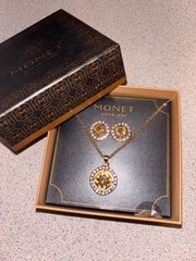 MONET Gold-Tone Brown Crystal Cushion-Cut Necklace and Earring Set