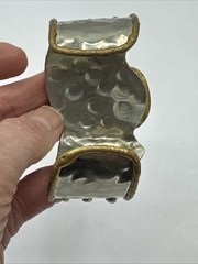 Vtg Modernist Mixed Metals Polished Agate Stone Chunky Cuff Bracelet 8″