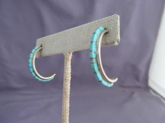 VINTAGE OLD PAWN STERLING ZUNI NASTACIO INLAY TURQUOISE PIERCED HOOP EARRINGS