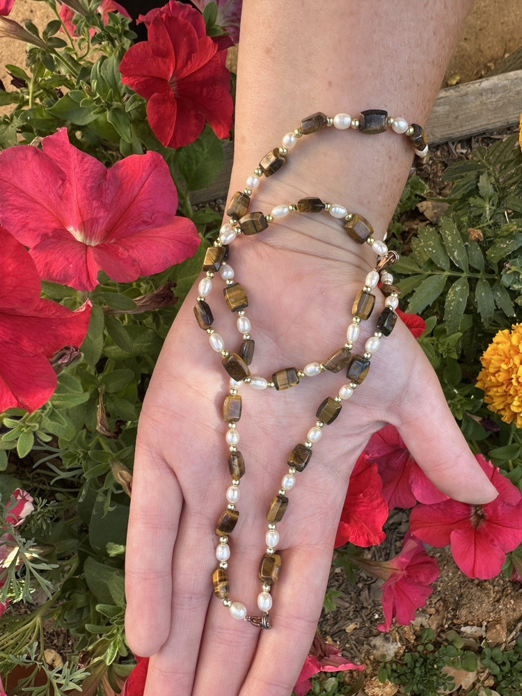 Tiger’s Eye Square Beaded Strand w/ White Pearl Beads, Gold Spacers Set