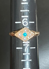 1873 Victorian Turquoise Seed Pearl 15k Gold Ring Birmingham Size 6.5+/- not 14k
