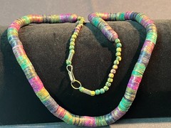 vintage Postmodern necklace features painted brass beads in jewel tones