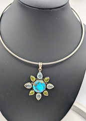 Vintage Turquoise Peridot Blue Topaz Sun Pendant Sterling Silver chain 17