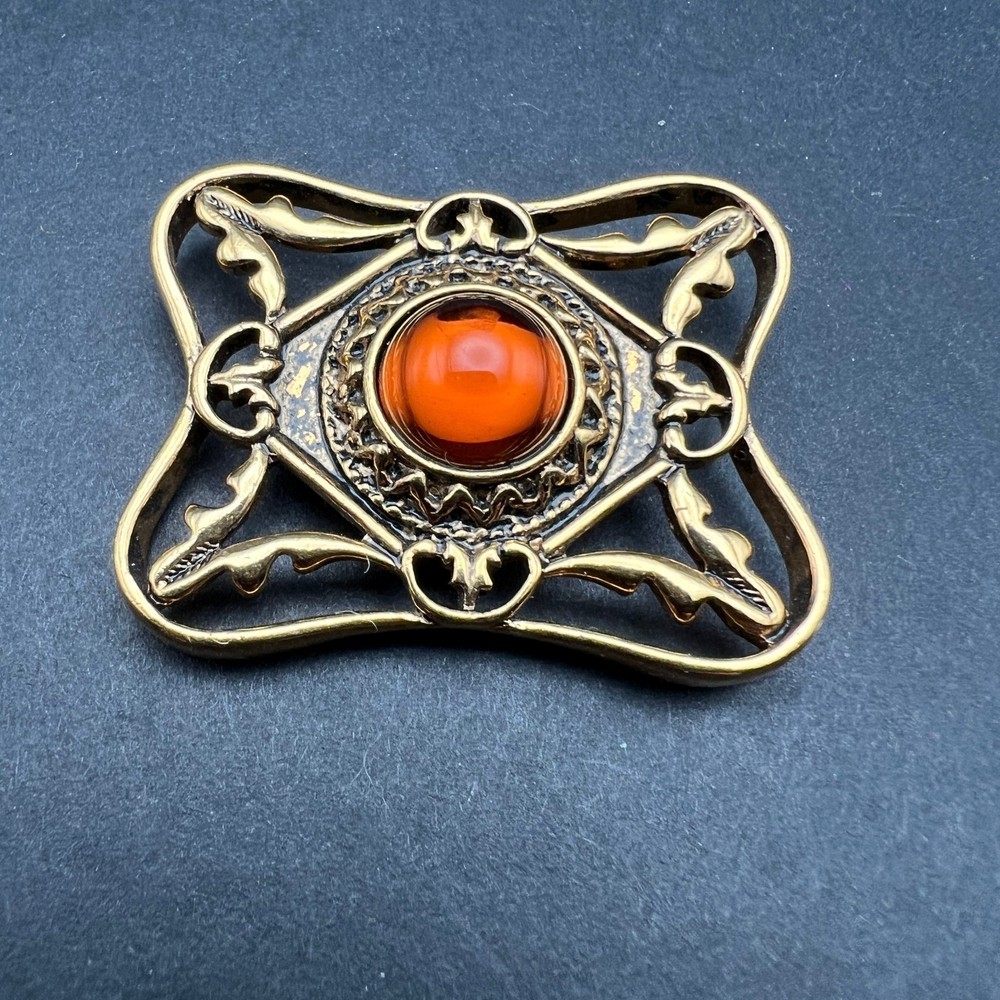 Orange Glass Stone Brooch Open Metal Work Gold Tone Pin