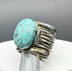 Vtg Silver Tone Faux Turquoise Wide Cigar Band Statement Cocktail Ring Size 5.5