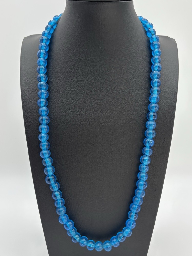 Vintage Cobalt Blue Transparent Glass Round Bead Necklace 14in 10mm King Bead