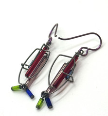 Vintage Barbie Levy Art Glass Earrings Dangling Blue Purple Red Abstract