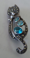 Sterling Markasite Cat brooch with Three Blue Topaz stones