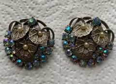 Vintage ArtDeco Bracelet & Clip Earrings Silvertone AB Rhinestones & faux Pearls