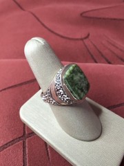 Statement Vintage Art Deco Style Sterling Silver Green Jade Ring Size 8.25
