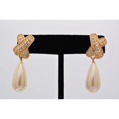 Roman Vintage Dangle Earrings Rhinestone Crystal X Faux Pearl Gold Tone BinAG