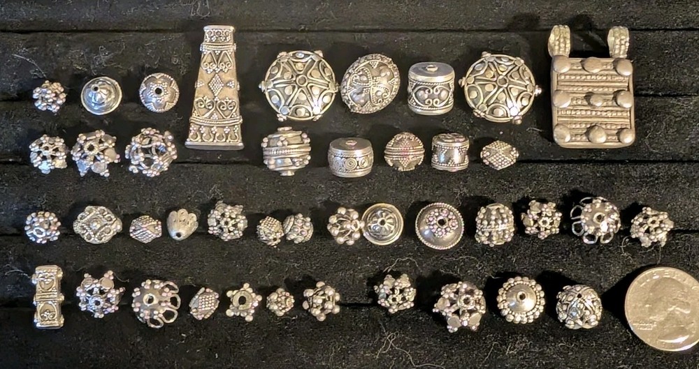 40 Beautiful Bali Jewelry Bead Lot With Two Pendants! 800-925 Silver! 3+ Oz!