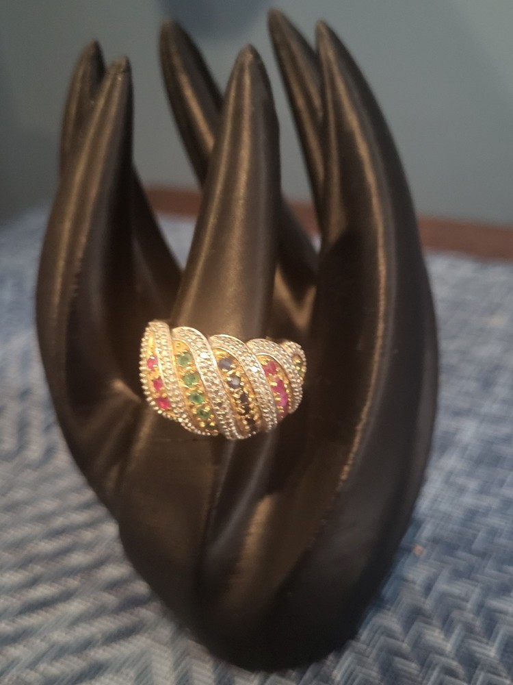 Vtg Gold Vermeil Over .925 Silver Multi Gem Stone Bombe Ring Sz8