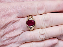 Beautiful 13.9-14k Gold Filigree Style Pierced 4.00ct. Lab Ruby Ring Sz 9.5
