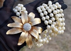 Marvella 3 Strand Faux Pearl Necklace W/beautiful Brooch Like Flower Clasp Pave’