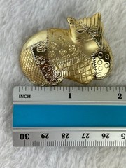 Vintage AJC Etched Cat Brooch Pin Gold Tone Patchwork Floral Metal