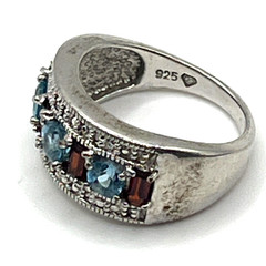 VTG Ring Sz 7 Blue Topaz Garnet Diamond Chips Channel Signed Sterling 925 Tested