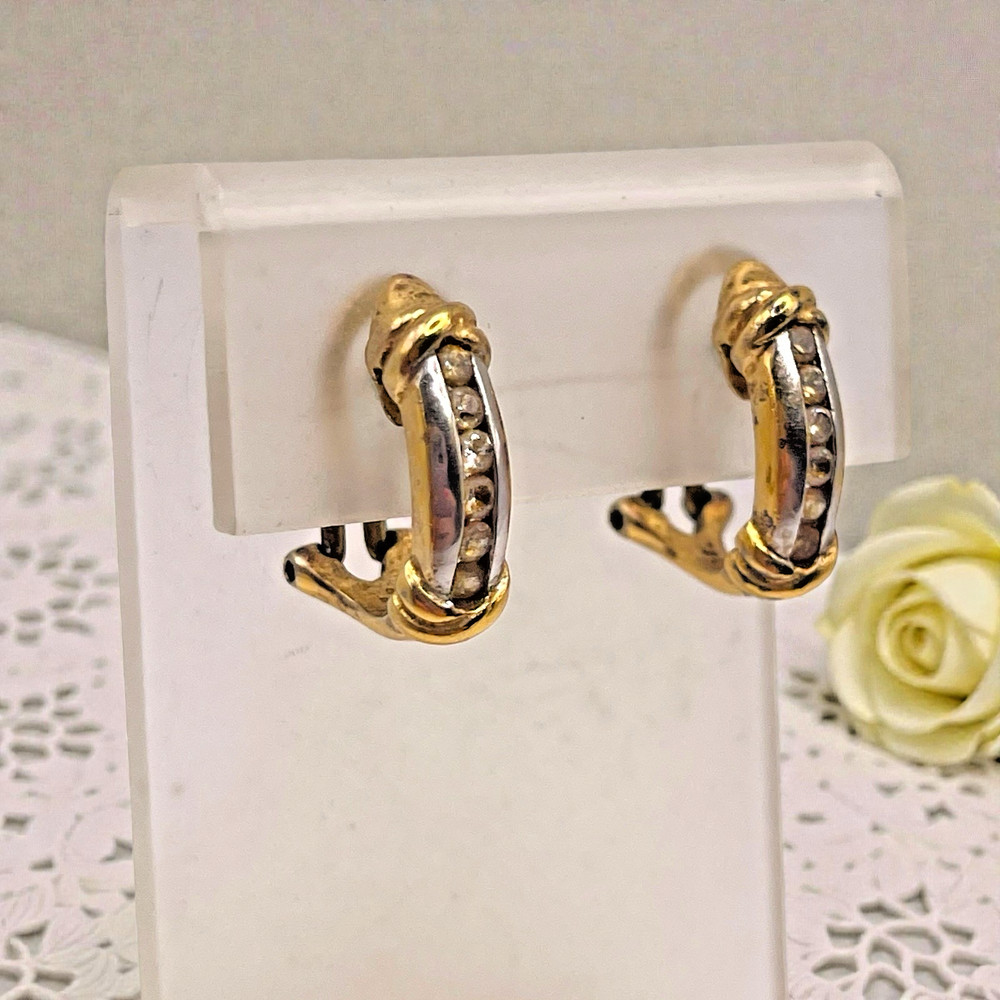Vintage JJT Gold Electroplated 925 Sterling CZ Accent Half Hoop Pierced Earrings