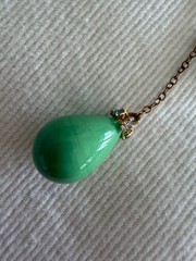 VTG Faux Jade Peking Glass Green Teardrop Dangle Clip Earring w/ Rhinestones 2”L