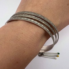 Vintage 800 Silver Triple Band Bracelet Circle Matchstick Enamel Charms Jewelry