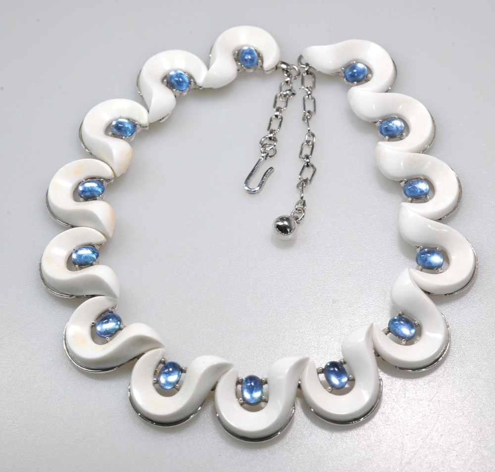 Vtg Trifari Choker Necklace white blue silver tone Santa Anita signed BB19