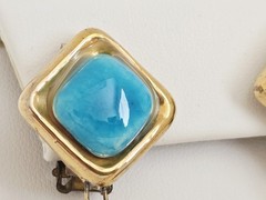 Vintage Artisan Gold Plated with Blue Ceramic Pottery Teardrop Clip On Earrings