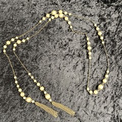 Vintage Flapper 20s Style Lariat Open 56 in Chain Faux Pearl Necklace Tassel