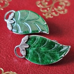 RARE Solid 14k White Gold Carved Spinach Green Jade Large Vintage Earrings