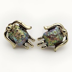 Vintage Guilloche Peacock Iridescent Tulip Clip On Earrings Oil Slick Gold Tone